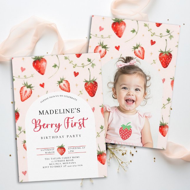 Berry Sweet Strawberry Cute Photo 1st Birthday Einladung (berry first birthday party photo invitation girls strawberry 1st watercolor summer farmhouse patch)