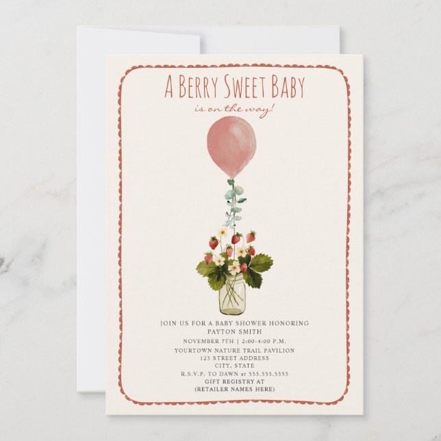 Berry Sweet Strawberry Doodle Girl Babydusche Einladung (Vorderseite)