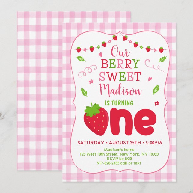 Berry Sweet Strawberry Erster Geburtstag Einladung (Vorne/Hinten)