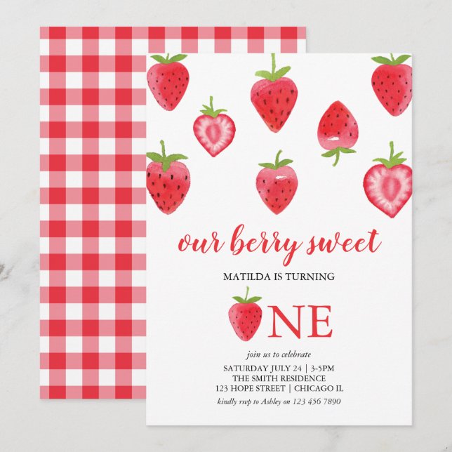 Berry Sweet Strawberry Erster Geburtstag Einladung (Vorne/Hinten)