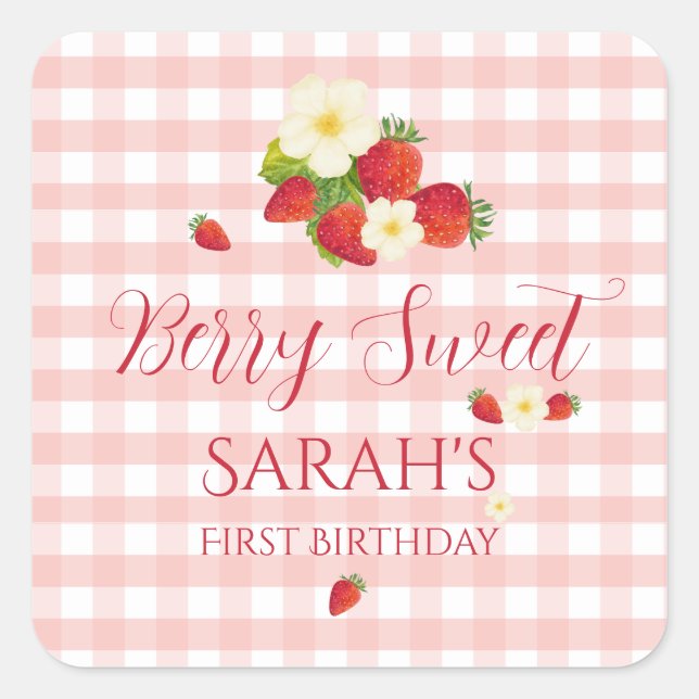 Berry Sweet Strawberry Favor Gift 1st Birthday  Quadratischer Aufkleber (Vorderseite)