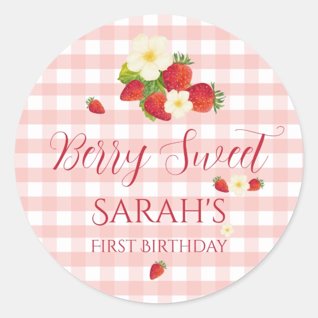 Berry Sweet Strawberry Favor Gift 1st Birthday  Runder Aufkleber (Vorderseite)