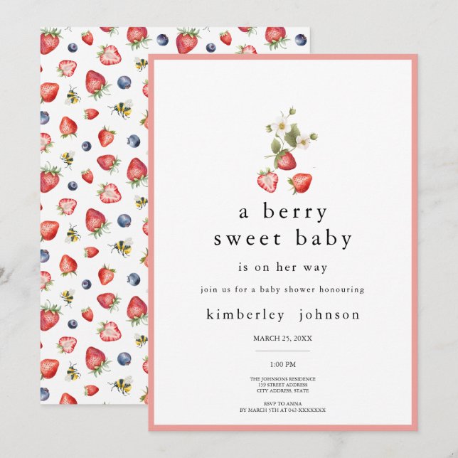 Berry Sweet Strawberry Girl Baby shower Invitation (Devant / Derrière)