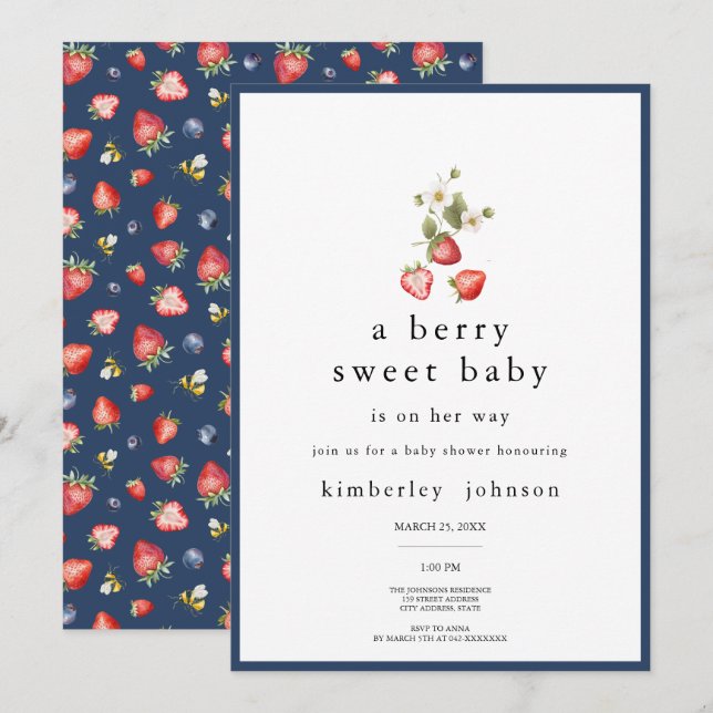 Berry Sweet Strawberry Girl Baby shower Invitation (Devant / Derrière)