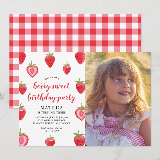 Berry Sweet Strawberry Girl Birthday Einladung (Vorne/Hinten)