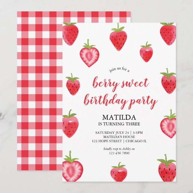 Berry Sweet Strawberry Girl Birthday Einladung (Vorne/Hinten)