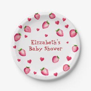 Berry Sweet Strawberry Hearts Unisex Baby Shower Pappteller