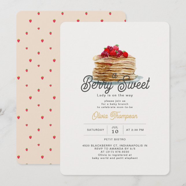 Berry Sweet Strawberry Pancakes Brunch Babydusche Einladung (Vorne/Hinten)