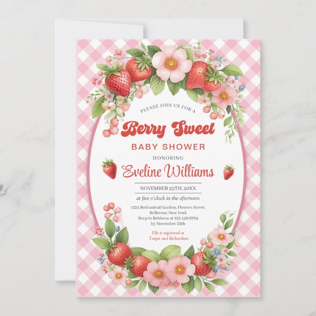 Berry Sweet Strawberry Pink Baby Dusche Einladung (Vorderseite)