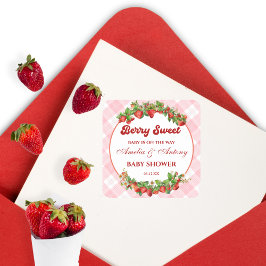 Berry Sweet Strawberry Pink Gingham Baby Dusche Quadratischer Aufkleber