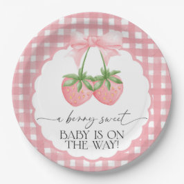 Berry Sweet Strawberry Pink Gingham Baby Shower Pappteller