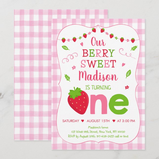 Berry Sweet Strawberry Pink Green Erster Geburtsta Einladung (Vorne/Hinten)
