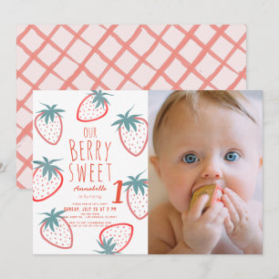 Berry Sweet Strawberry Red 1. Geburtstags-Foto Einladung