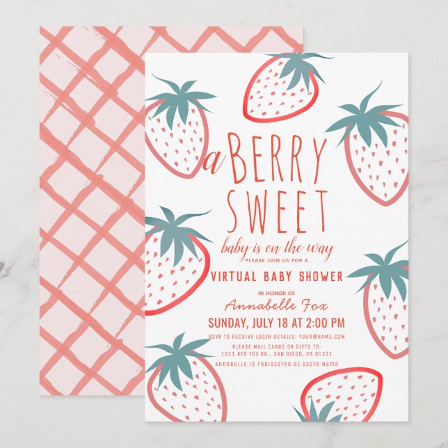 Berry Sweet Strawberry Red Virtual Baby Dusche Einladung (Vorne/Hinten)