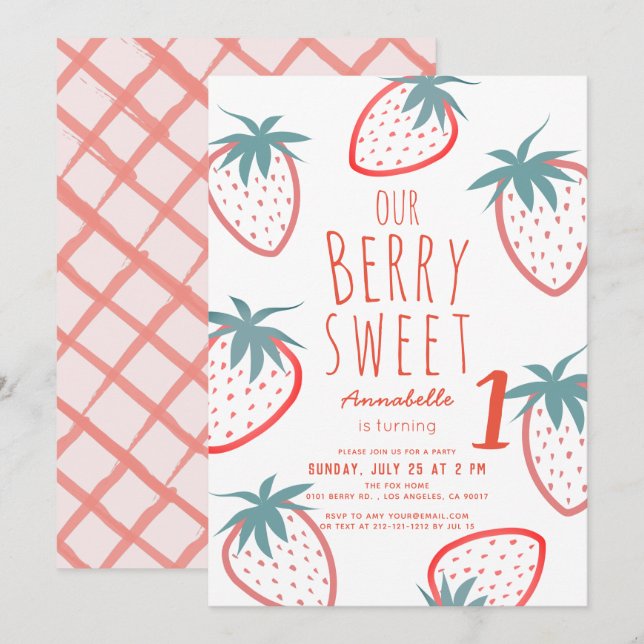 Berry Sweet Strawberry Red White 1. Geburtstag Einladung (Vorne/Hinten)