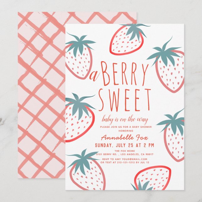 Berry Sweet Strawberry Red White Baby Dusche Einladung (Vorne/Hinten)