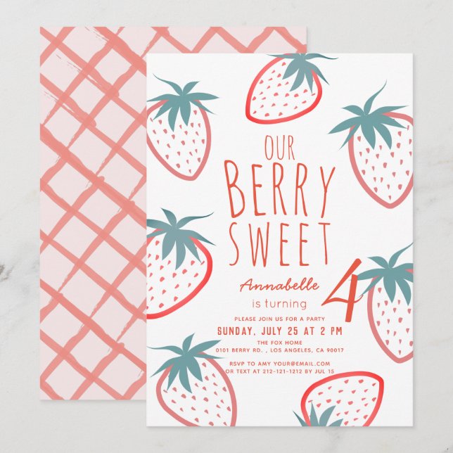 Berry Sweet Strawberry Red White Birthday Einladung (Vorne/Hinten)