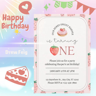 Berry Sweet Strawberry Thema 1. Geburtstag Einladu Einladung