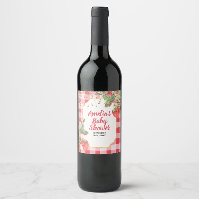 Berry Sweet Watercolor Strawberry Babydusche Weinetikett (Vorderseite)