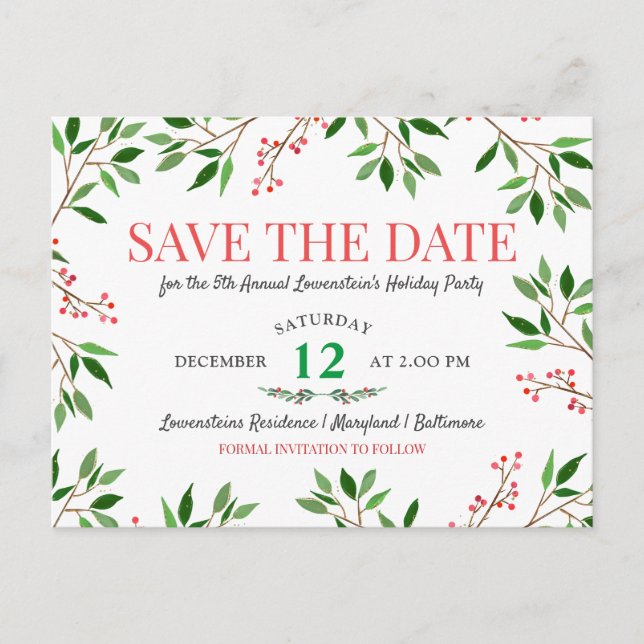 Berry Verlasst Weihnachtsfeier Save the Date Ankündigungspostkarte (Vorderseite)