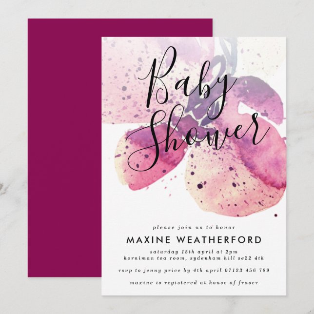 Berry Watercolor Orchid Baby Dusche Einladung (Vorne/Hinten)