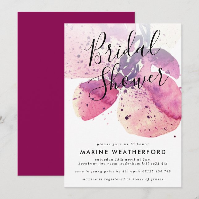 Berry Watercolor Orchid Bridal Dusche Einladung (Vorne/Hinten)