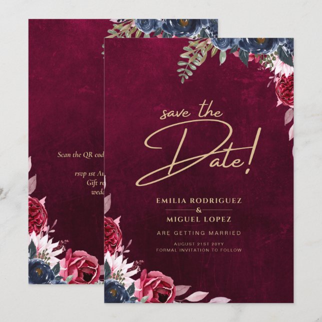 Berry Wine Floral Wedding Einladung (Vorne/Hinten)