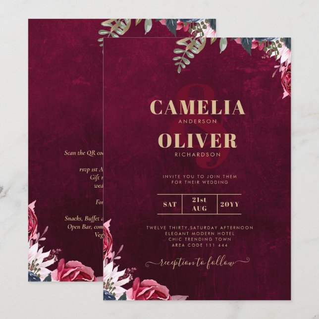 Berry Wine Floral Wedding Einladung (Vorne/Hinten)