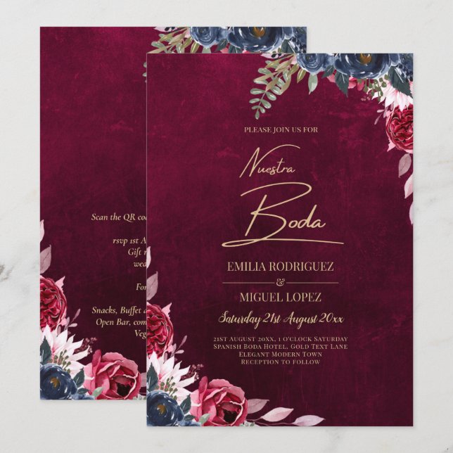 Berry Wine Floral Wedding Einladung (Vorne/Hinten)