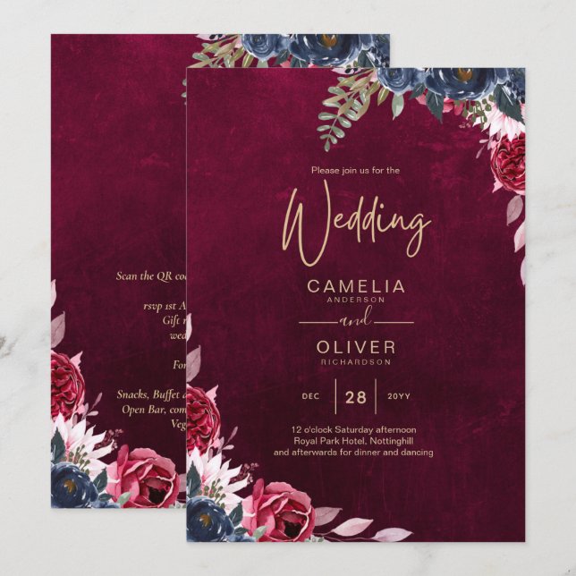 Berry Wine Floral Wedding Einladung (Vorne/Hinten)