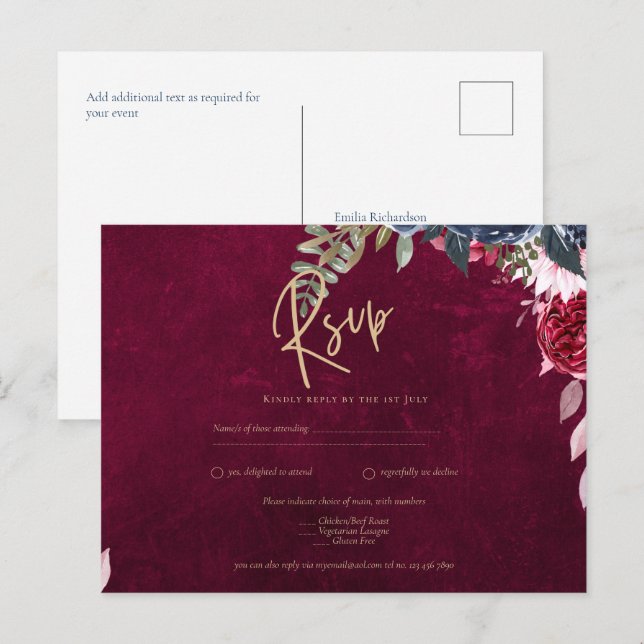 Berry Wine Floral Wedding Postkarte (Vorne/Hinten)