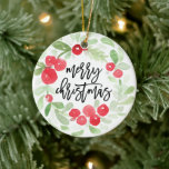 Berry Wreath Frohe Christmas Watercolor Keramik Ornament<br><div class="desc">Mit unserem Aquarellkranz mit modernem Pinselskript.</div>
