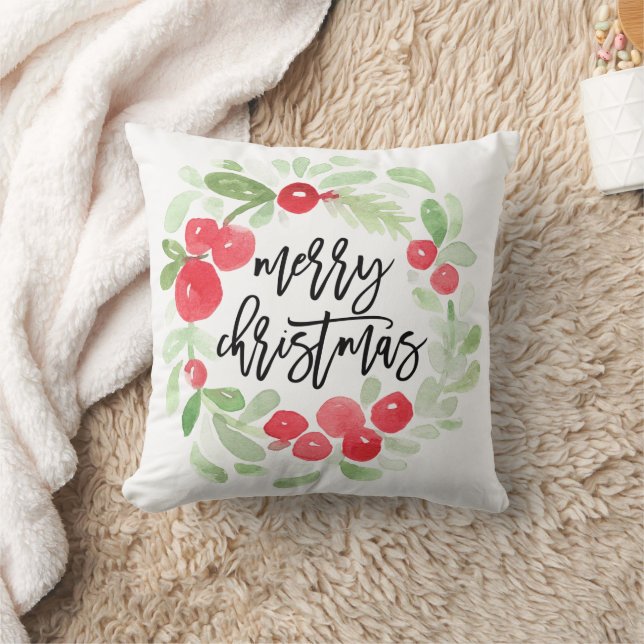 Berry Wreath Frohe Christmas Watercolor Kissen (Decke)