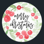 Berry Wreath Frohe Christmas Watercolor Runder Aufkleber<br><div class="desc">Berry Wreath Frohe Christmas Watercolor</div>