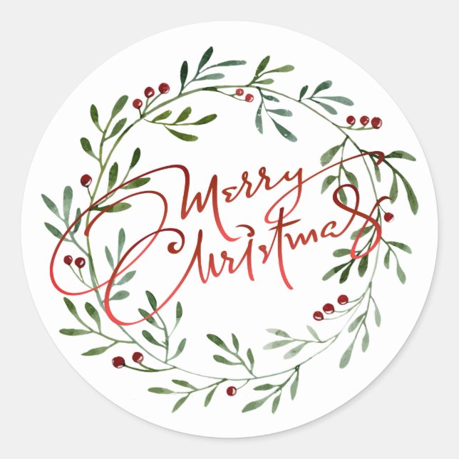 Berry Wreath Gradient Red Script Frohe Weihnachten Runder Aufkleber (Vorderseite)