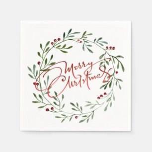 Berry Wreath Gradient Red Script Frohe Weihnachten Serviette