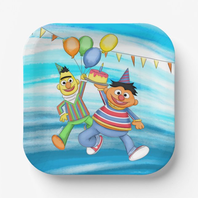 Bert und Ernie Birthday Balloons Pappteller (Vorderseite)