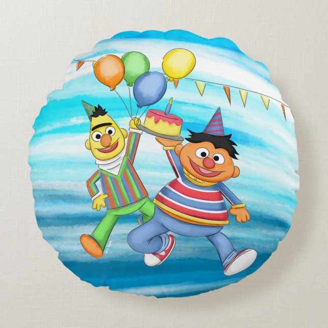 Bert und Ernie Birthday Balloons Rundes Kissen (Vorderseite)