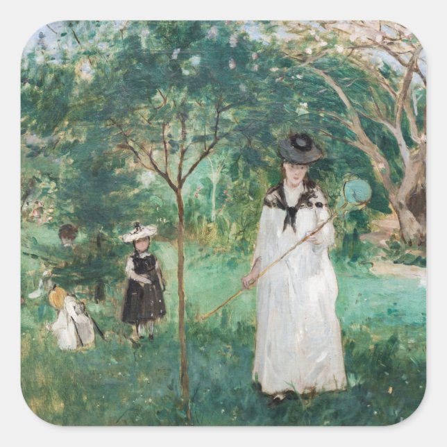Berthe Morisot - Die Schmetterlingsjagd Quadratischer Aufkleber (Vorderseite)