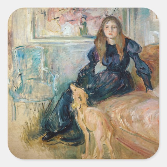 Berthe Morisot - Julie und ihr Greyhound Laerte Quadratischer Aufkleber (Vorderseite)