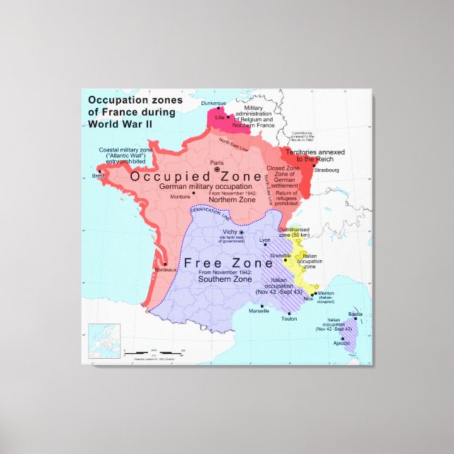 Beruf-Zonen Frankreichs während des Zweiten Weltkr Leinwanddruck (Vorderseite)