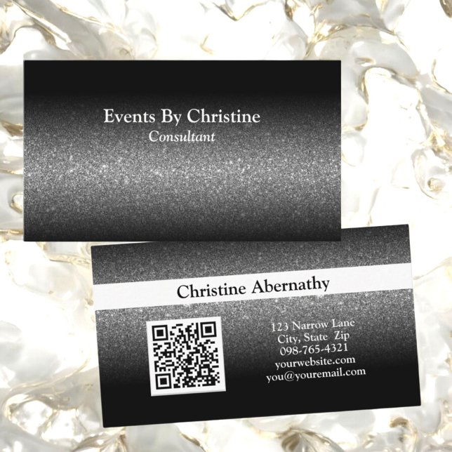 Beruflich Black Glitzer Ombre Minimalistisch QR Visitenkarte (front and back template business card with QR code)
