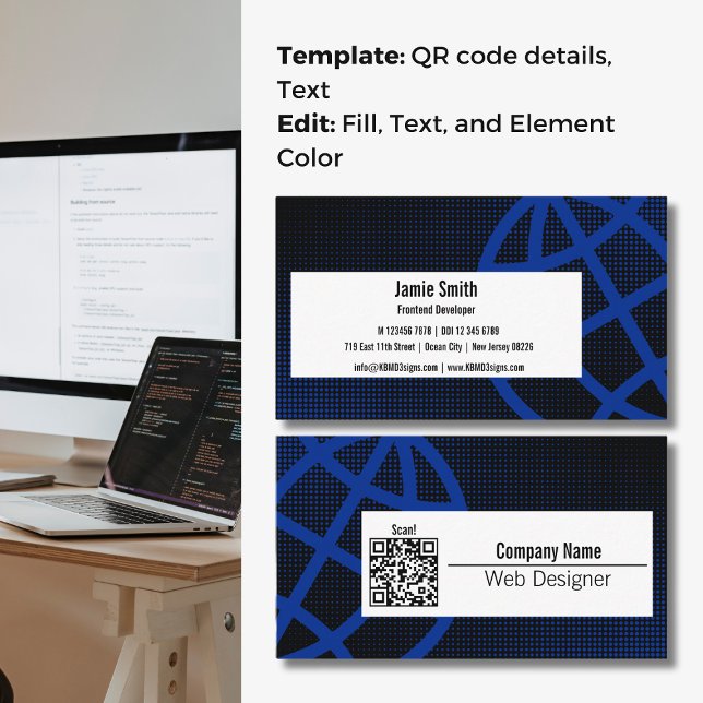 Beruflich Blue Web Designer Business Card Visitenkarte (Professional Blue Web Designer Business Card, WWW symbol, QR code)