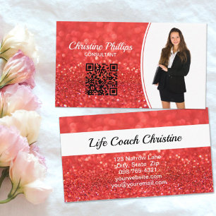 Beruflich Coral Glitzer Custom Foto QR Visitenkarte