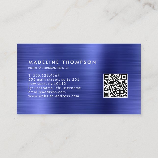 Beruflich gebürstetes Metal Royal Blue QR-Code Visitenkarte (Rückseite)