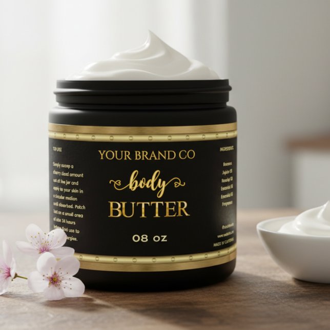 Beruflich gestylte Black Gold Body Butter Labels. (Von Creator hochgeladen)