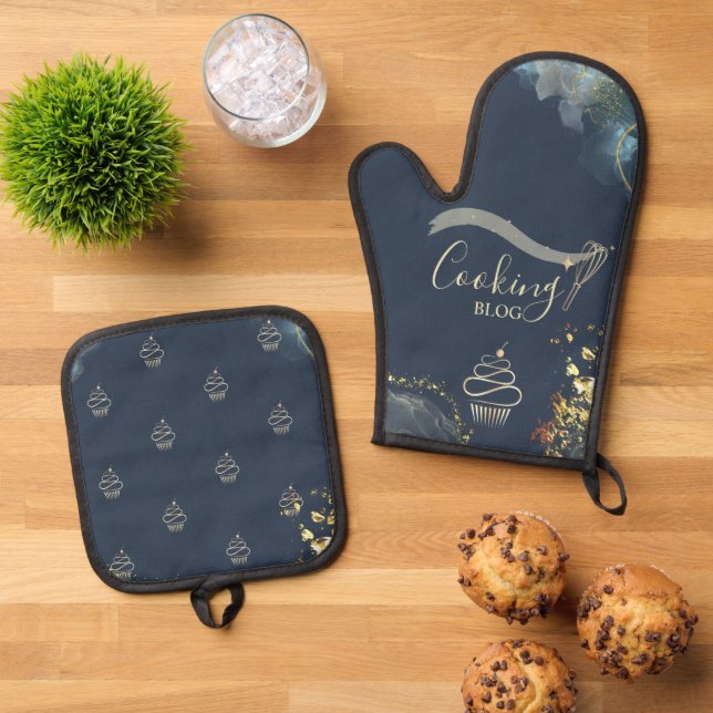 Beruflich, Goldfleck, Kuchen, Blau kochen Ofenhandschuh & Topflappen-Set (Oben Unten)