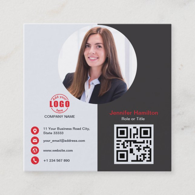 Beruflich Grau Rot fügen Sie Ihrem Foto QR Code Sq Quadratische Visitenkarte (Vorderseite)
