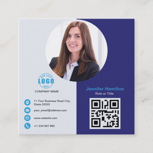 Beruflich Gray Blue Fügen Sie Ihrem Foto QR Code S Quadratische Visitenkarte (Vorderseite)