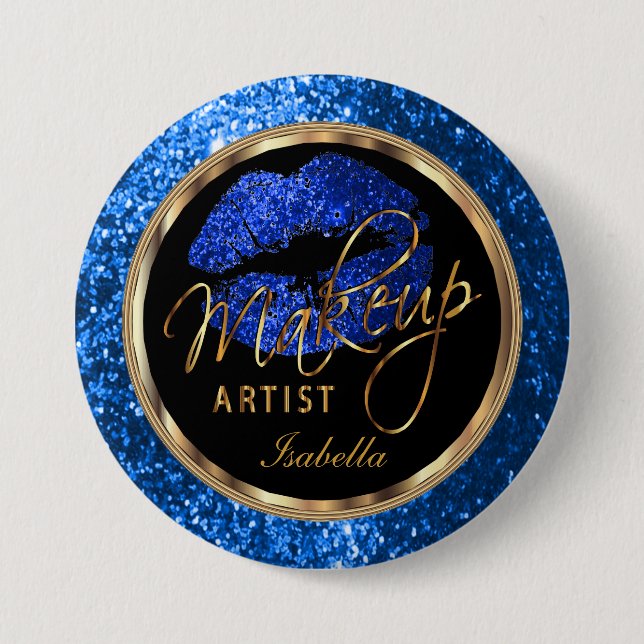 Beruflich Makeup Artist - Blau, Schwarz und Gold Button (Vorderseite)